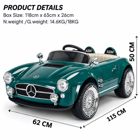 A green Mercedes-Benz style toy convertible car shown on a light gray background with overlaid product details and dimensions: box size 118 x 63 x 26 cm, weight 14.6 kg / 18 kg, and measurements 62 cm, 115 cm, and 50 cm.