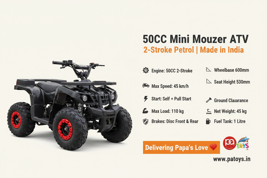 PATOYS | 50CC Mini Mouzer ATV | 2-Stroke Petrol | 45km/h | Kids & Beginners | Black - PATOYS