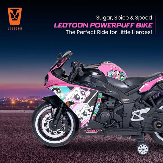 PATOYS | Licensed Power Puff Girls Electric Bike for Kids (3-8 Years) | 12V Battery, LED Lights, Hand Accelerator – Metallic Pink - PATOYS