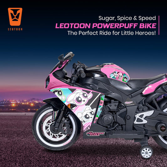 PATOYS | Licensed Power Puff Girls Electric Bike for Kids (3-8 Years) | 12V Battery, LED Lights, Hand Accelerator – Metallic Pink - PATOYS
