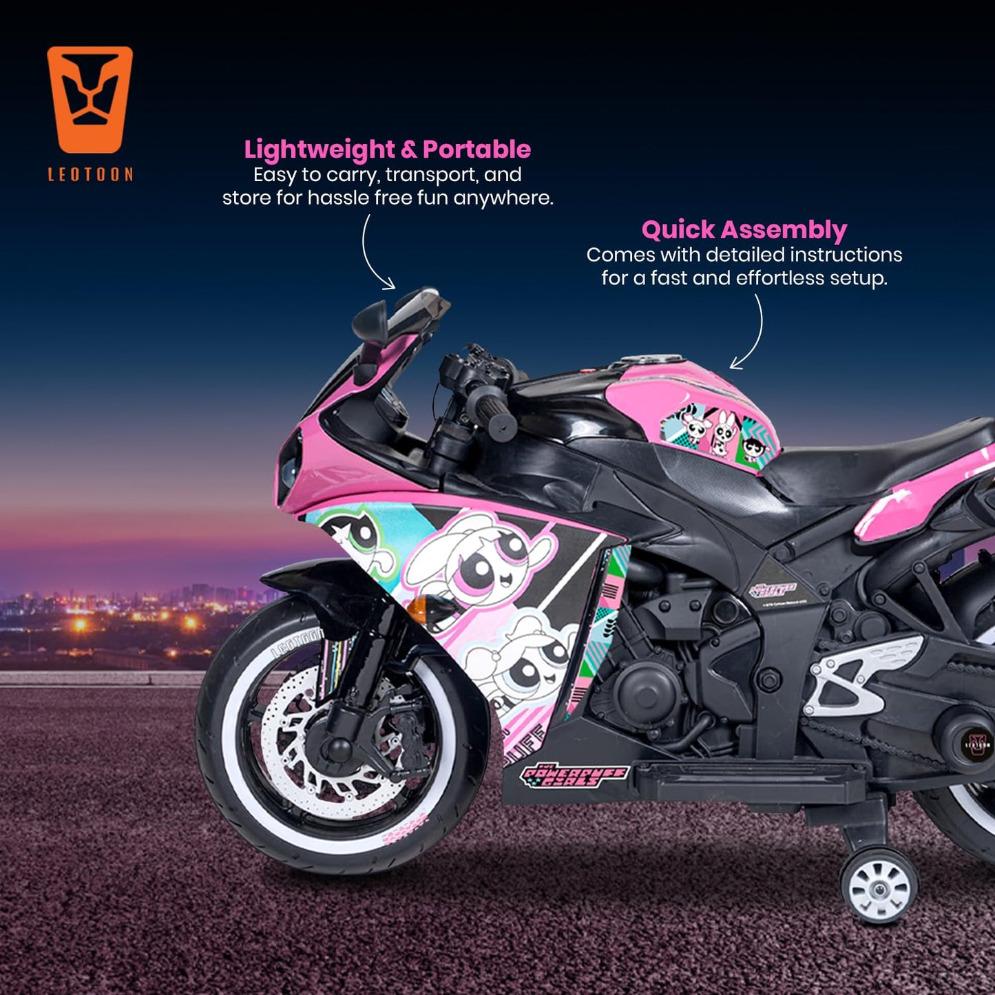 PATOYS | Licensed Power Puff Girls Electric Bike for Kids (3-8 Years) | 12V Battery, LED Lights, Hand Accelerator – Metallic Pink - PATOYS