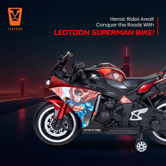 PATOYS | Licensed Superman Bike for Kids | 12V Battery | USB MP3 | Hand Accelerator | LED Lights | Metallic Red - PATOYS