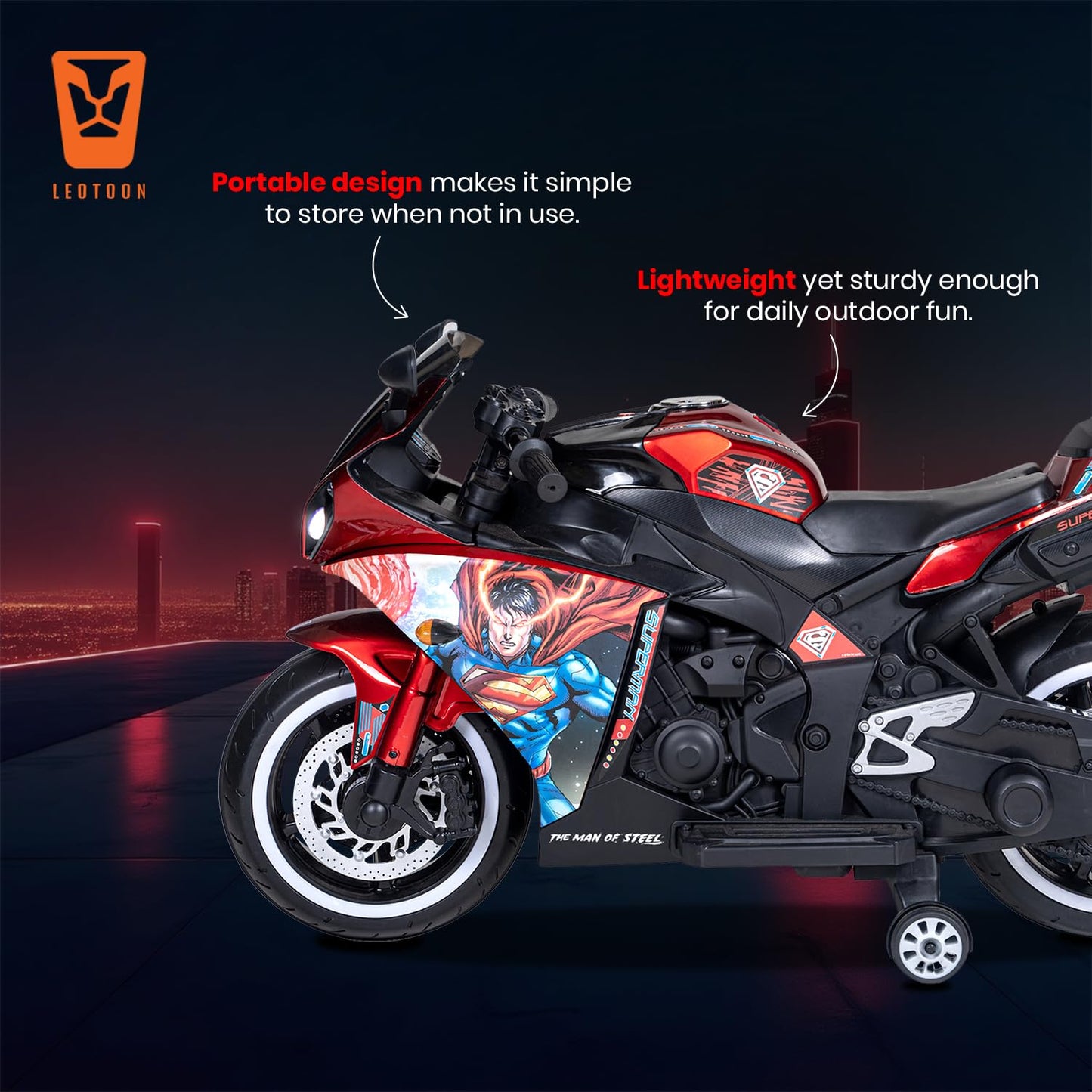 PATOYS | Licensed Superman Bike for Kids | 12V Battery | USB MP3 | Hand Accelerator | LED Lights | Metallic Red - PATOYS