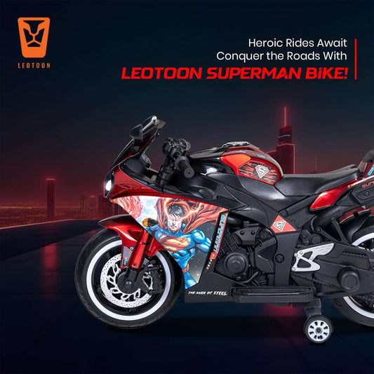 PATOYS | Licensed Superman Bike for Kids | 12V Battery | USB MP3 | Hand Accelerator | LED Lights | Metallic Red - PATOYS