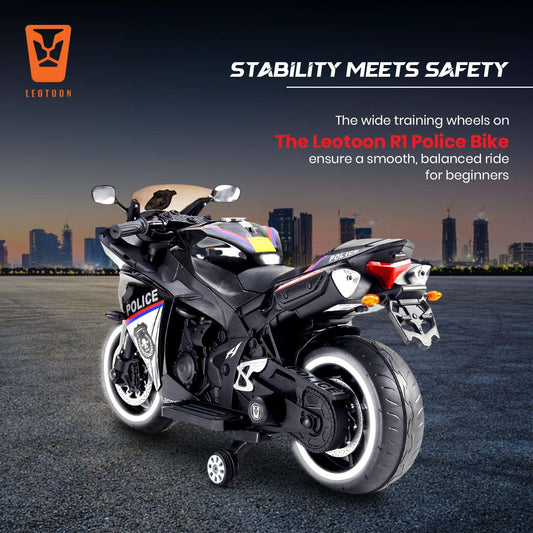 PATOYS | R1 Police Bike for Kids | 12V Ride-On with Hand Accelerator & LED Lights | USB/MP3 | BIS Certified | Metallic Black (3-8 Years) - PATOYS