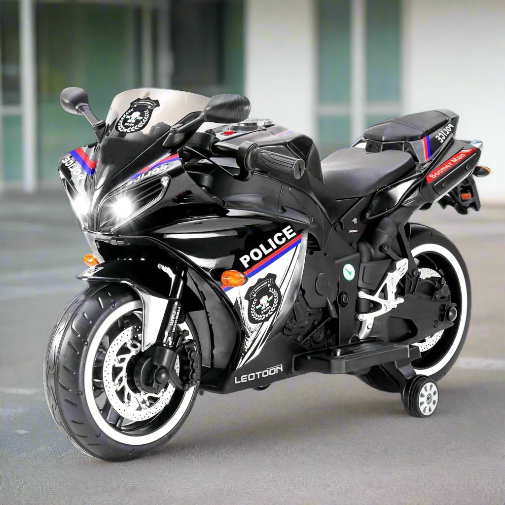 PATOYS R1 Police Bike for Kids 12V Ride-On with Hand Accelerator LED Lights USB/MP3 BIS Certified Metallic Black (3-8 Years)