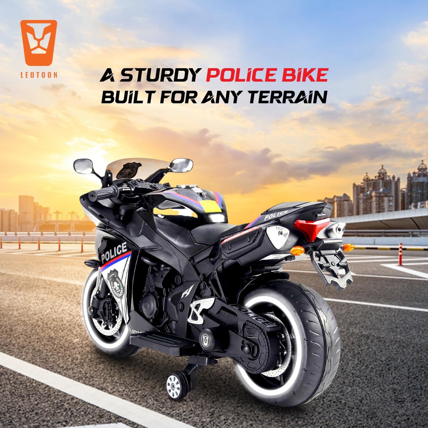 PATOYS | R1 Police Bike for Kids | 12V Ride-On with Hand Accelerator & LED Lights | USB/MP3 | BIS Certified | Metallic Black (3-8 Years) - PATOYS