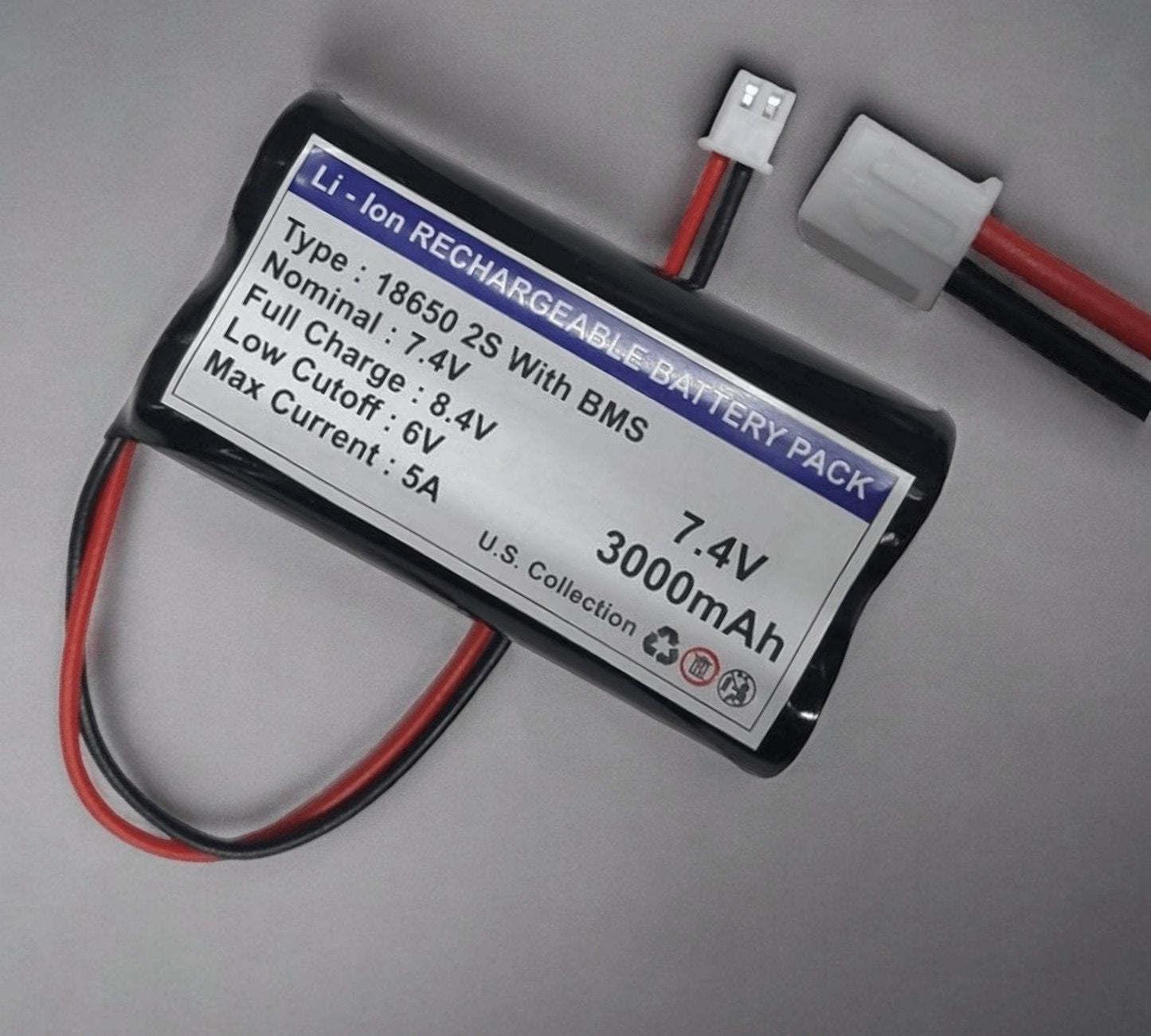 PATOYS | Li-Ion 7.4V Type: 18650 with 2S BMS Full Charge: 8.4V Low Cutoff: 6V Max Current: 5A 7.4V 3000mAh - PATOYS