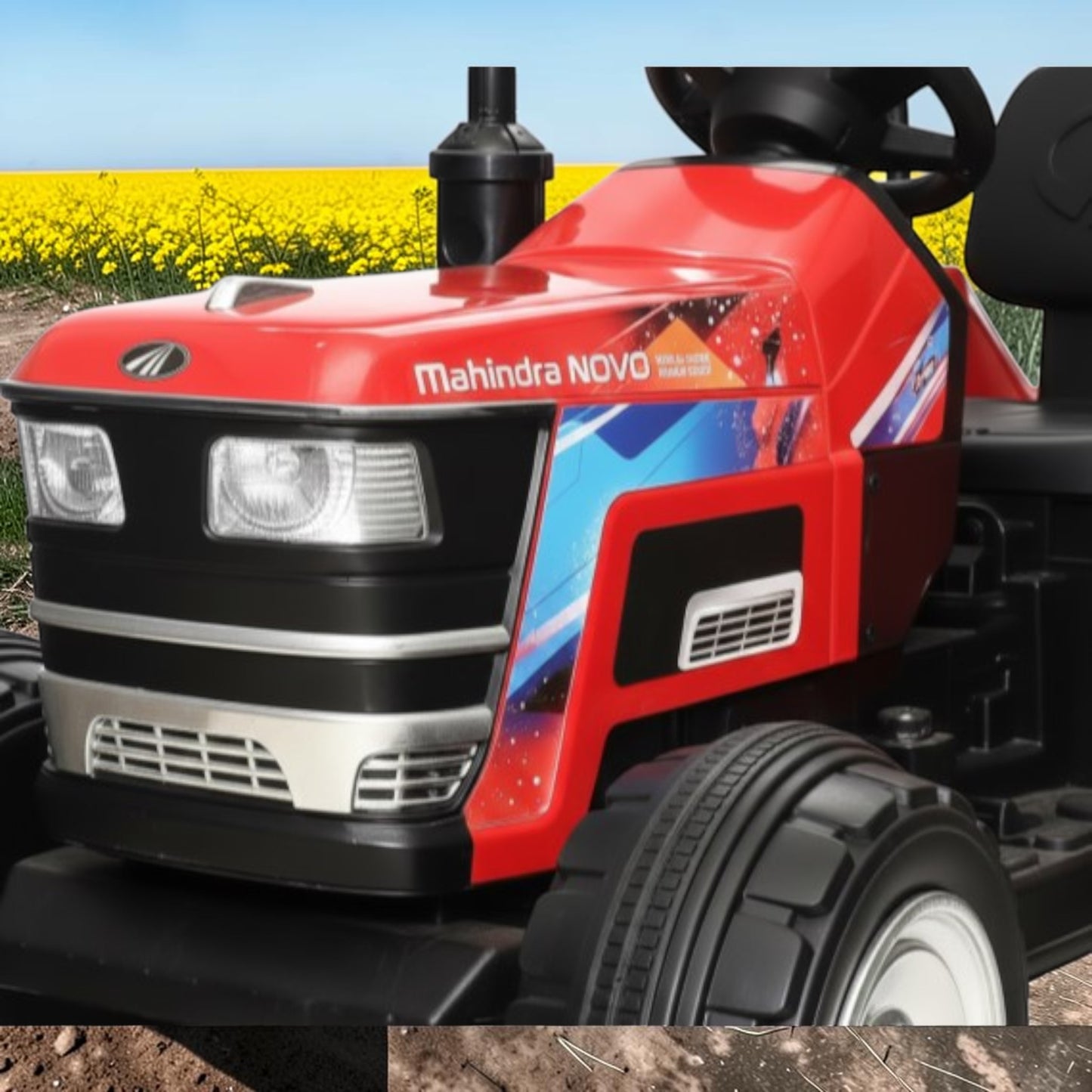 PATOYS | Officially Licensed Mahindra Tractor NOVO 12V Electric Ride-On Tractor for Kids | Big Wheeled Farm Tractor with Music, Horn & LED Lights | Ages 1–8 Years