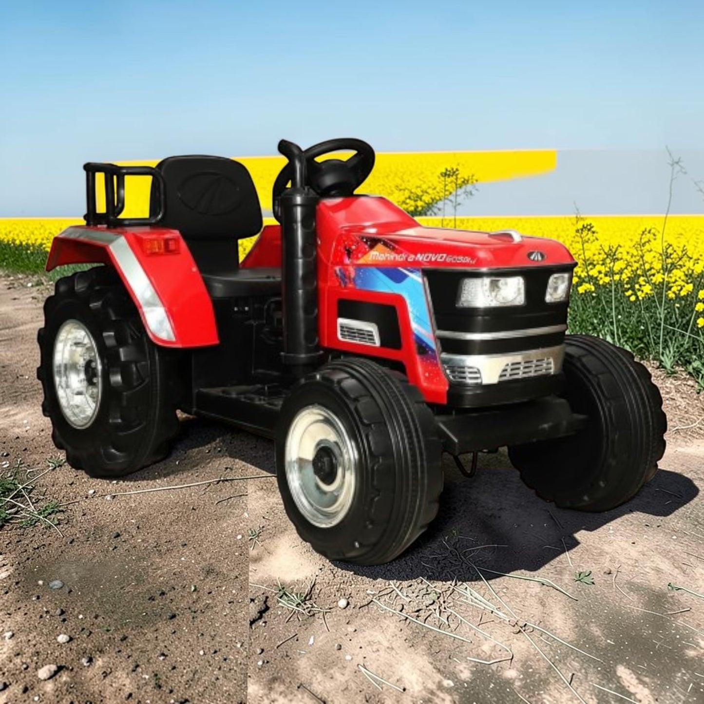 PATOYS | Officially Licensed Mahindra Tractor NOVO 12V Electric Ride-On Tractor for Kids | Big Wheeled Farm Tractor with Music, Horn & LED Lights | Ages 1–8 Years