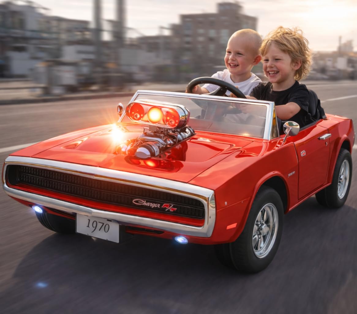 PATOYS | Kids Licensed Kids Rideon Car Dodge Charger Manual Plus Remote Control Lights and USB Music Player Kids Age - 1-5 Smoke Feature (Dodge Charger - Double seat, Red)