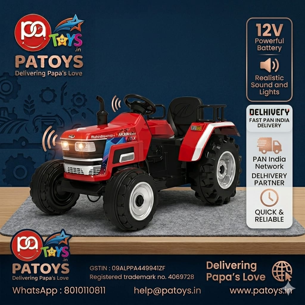 PATOYS | Officially Licensed Mahindra Tractor NOVO 12V Electric Ride-On Tractor for Kids | Big Wheeled Farm Tractor with Music, Horn & LED Lights | Ages 1–8 Years