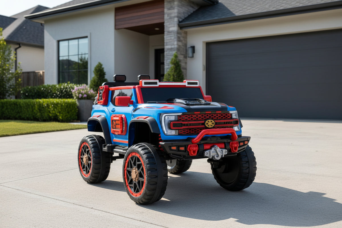 A blue and red remote control toy off-road truck with black wheels, displayed on a light beige surface with potted succulents in the background.