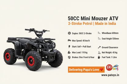PATOYS | 50CC Mini Mouzer ATV | 2-Stroke Petrol | 45km/h | Kids & Beginners | Black - PATOYS