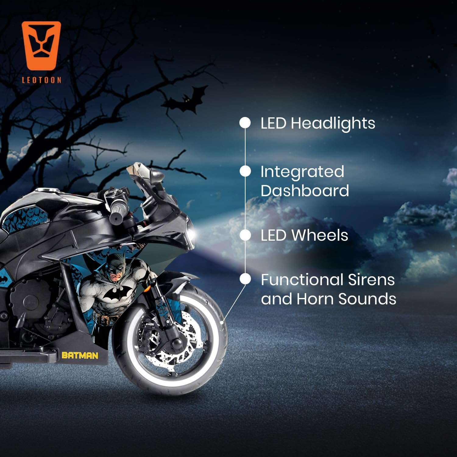 PATOYS | Batman Licensed Electric Ride-On Bike for Kids (3-8 Years) - Metallic Black - PATOYS