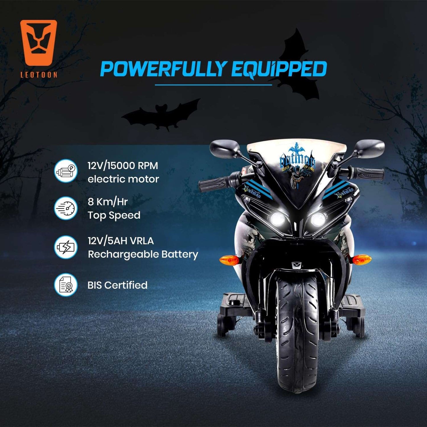 PATOYS | Batman Licensed Electric Ride-On Bike for Kids (3-8 Years) - Metallic Black - PATOYS