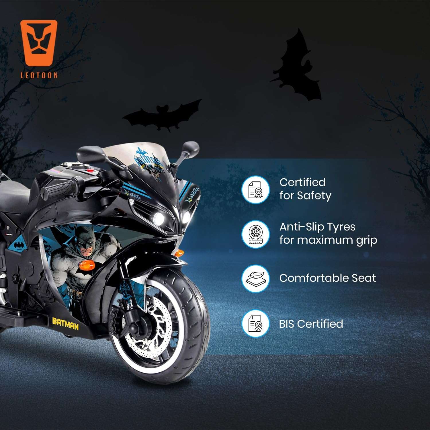 PATOYS | Batman Licensed Electric Ride-On Bike for Kids (3-8 Years) - Metallic Black - PATOYS