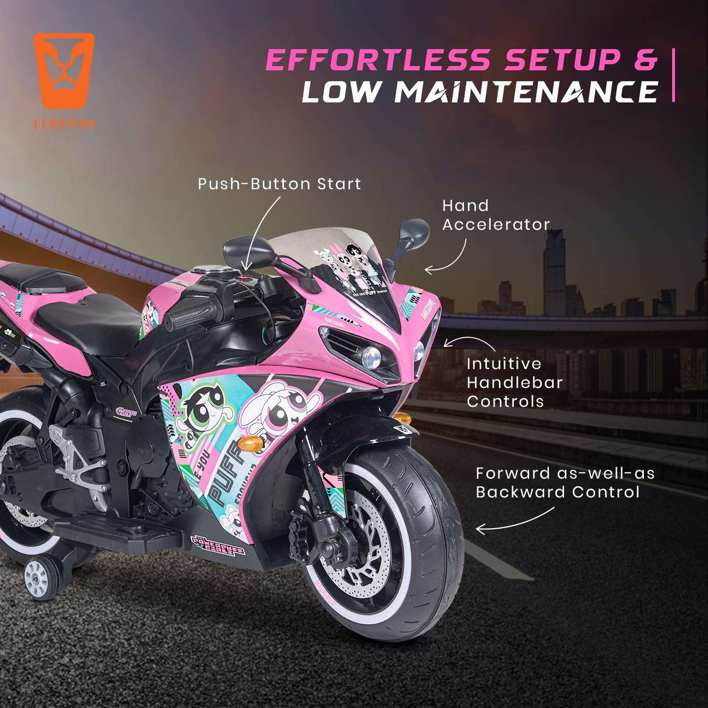 PATOYS | Licensed Power Puff Girls Electric Bike for Kids (3-8 Years) | 12V Battery, LED Lights, Hand Accelerator – Metallic Pink - PATOYS