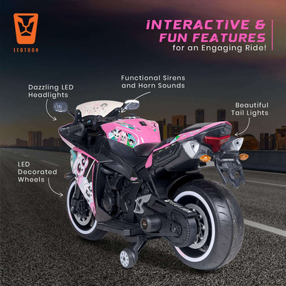 PATOYS | Licensed Power Puff Girls Electric Bike for Kids (3-8 Years) | 12V Battery, LED Lights, Hand Accelerator – Metallic Pink - PATOYS