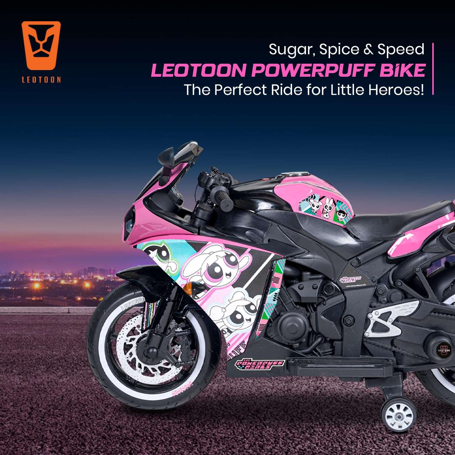 PATOYS | Licensed Power Puff Girls Electric Bike for Kids (3-8 Years) | 12V Battery, LED Lights, Hand Accelerator – Metallic Pink - PATOYS