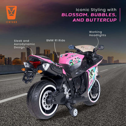 PATOYS | Licensed Power Puff Girls Electric Bike for Kids (3-8 Years) | 12V Battery, LED Lights, Hand Accelerator – Metallic Pink - PATOYS