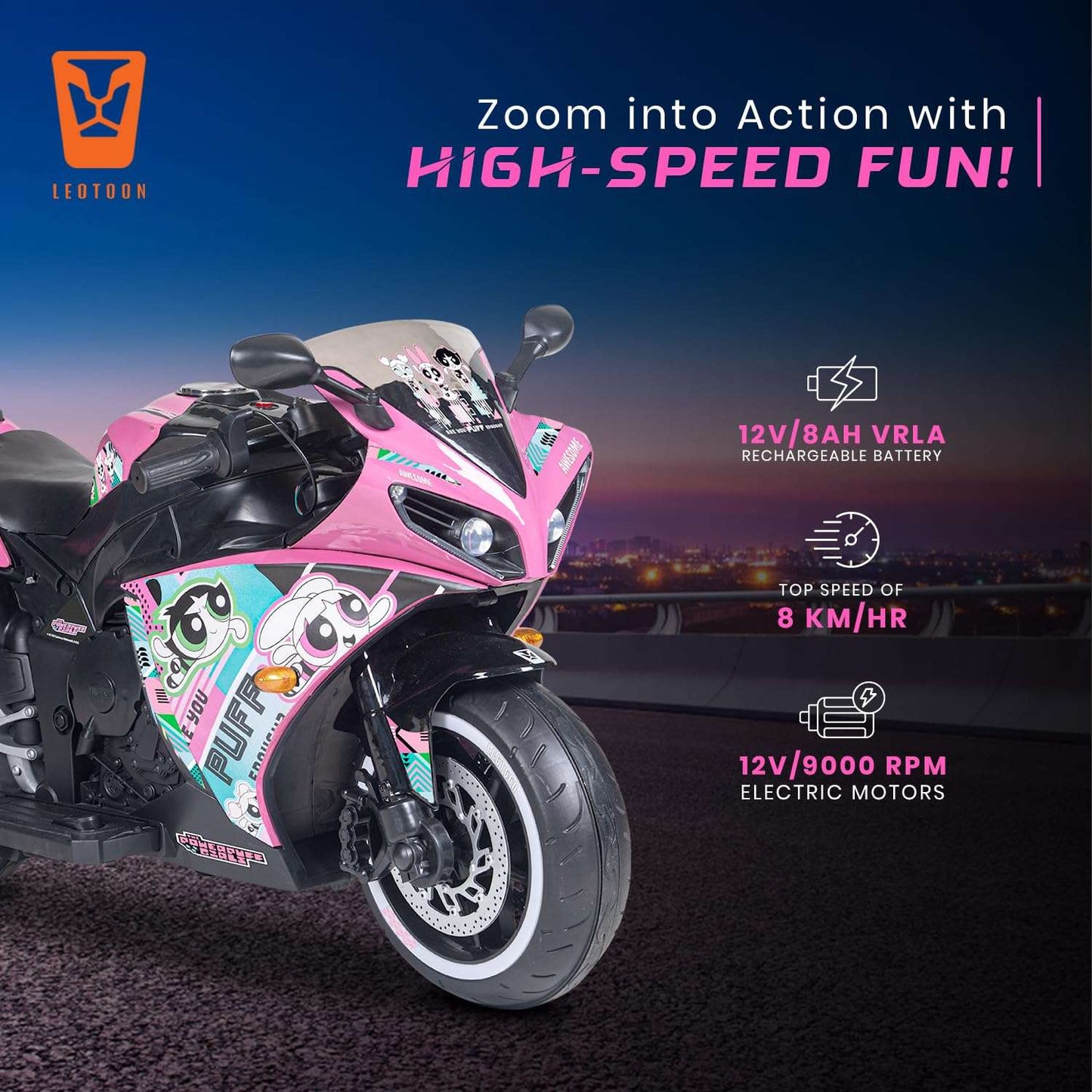 PATOYS | Licensed Power Puff Girls Electric Bike for Kids (3-8 Years) | 12V Battery, LED Lights, Hand Accelerator – Metallic Pink - PATOYS