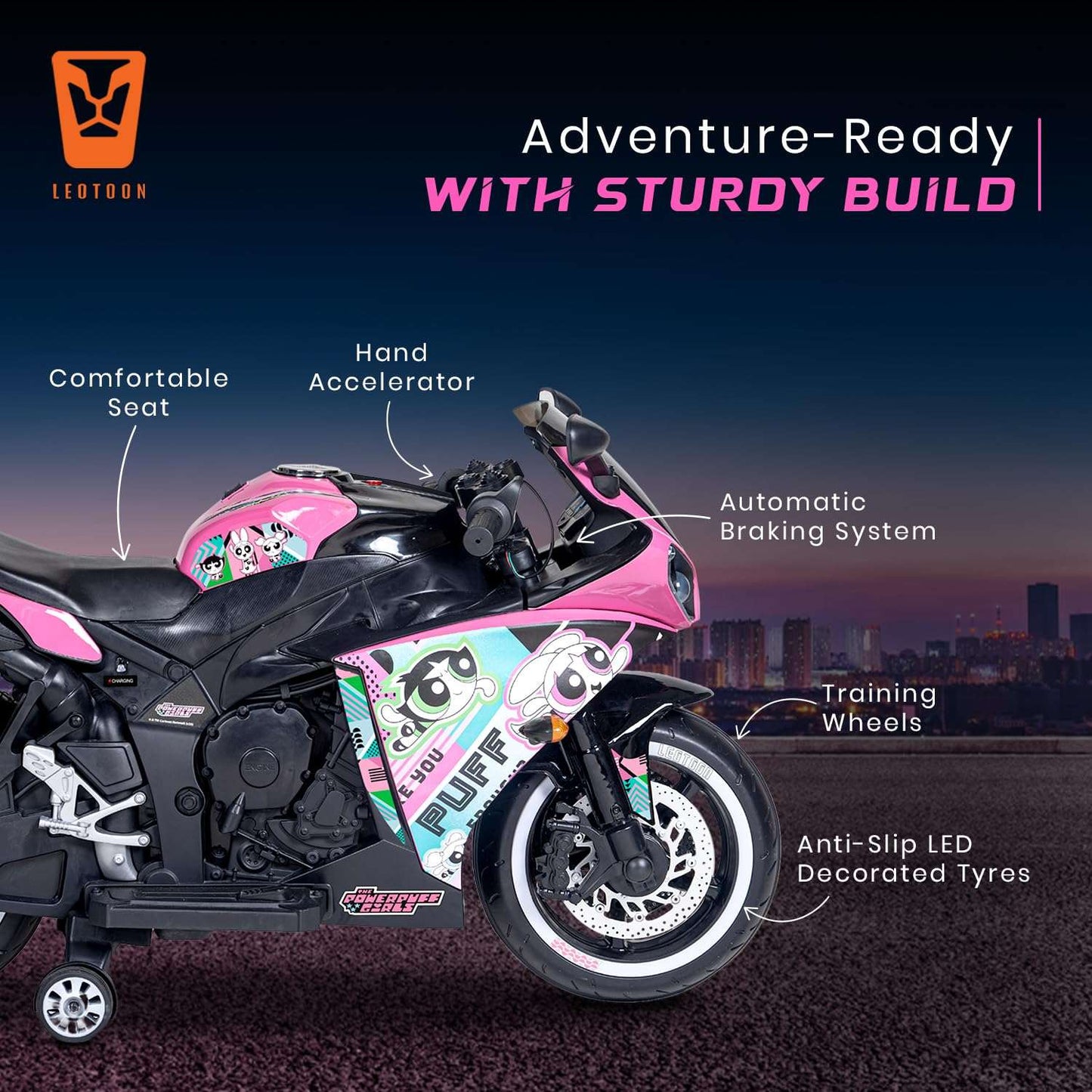 PATOYS | Licensed Power Puff Girls Electric Bike for Kids (3-8 Years) | 12V Battery, LED Lights, Hand Accelerator – Metallic Pink - PATOYS