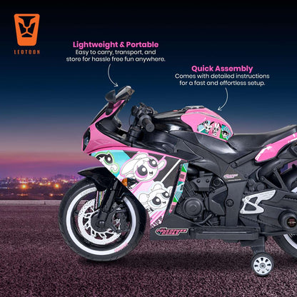 PATOYS | Licensed Power Puff Girls Electric Bike for Kids (3-8 Years) | 12V Battery, LED Lights, Hand Accelerator – Metallic Pink - PATOYS