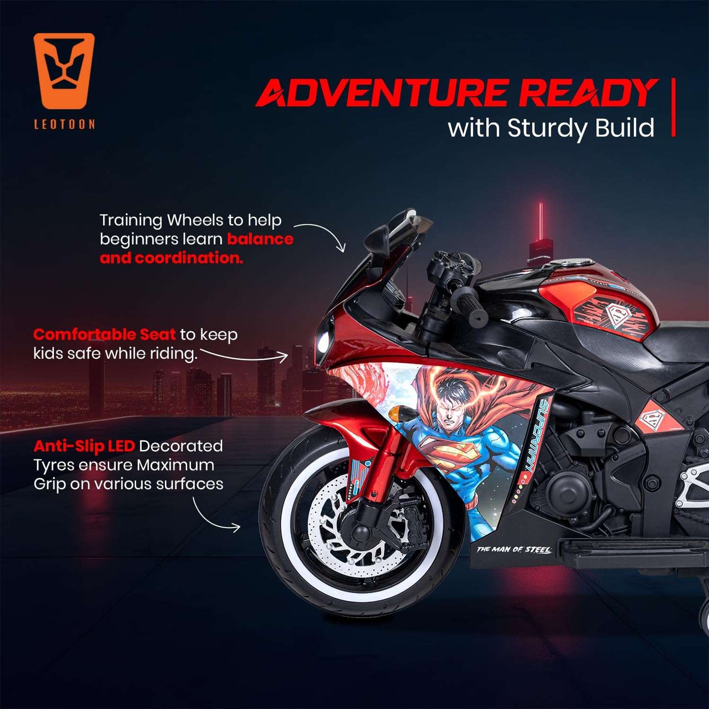 PATOYS | Licensed Superman Bike for Kids | 12V Battery | USB MP3 | Hand Accelerator | LED Lights | Metallic Red - PATOYS