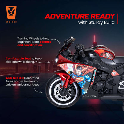 PATOYS | Licensed Superman Bike for Kids | 12V Battery | USB MP3 | Hand Accelerator | LED Lights | Metallic Red - PATOYS