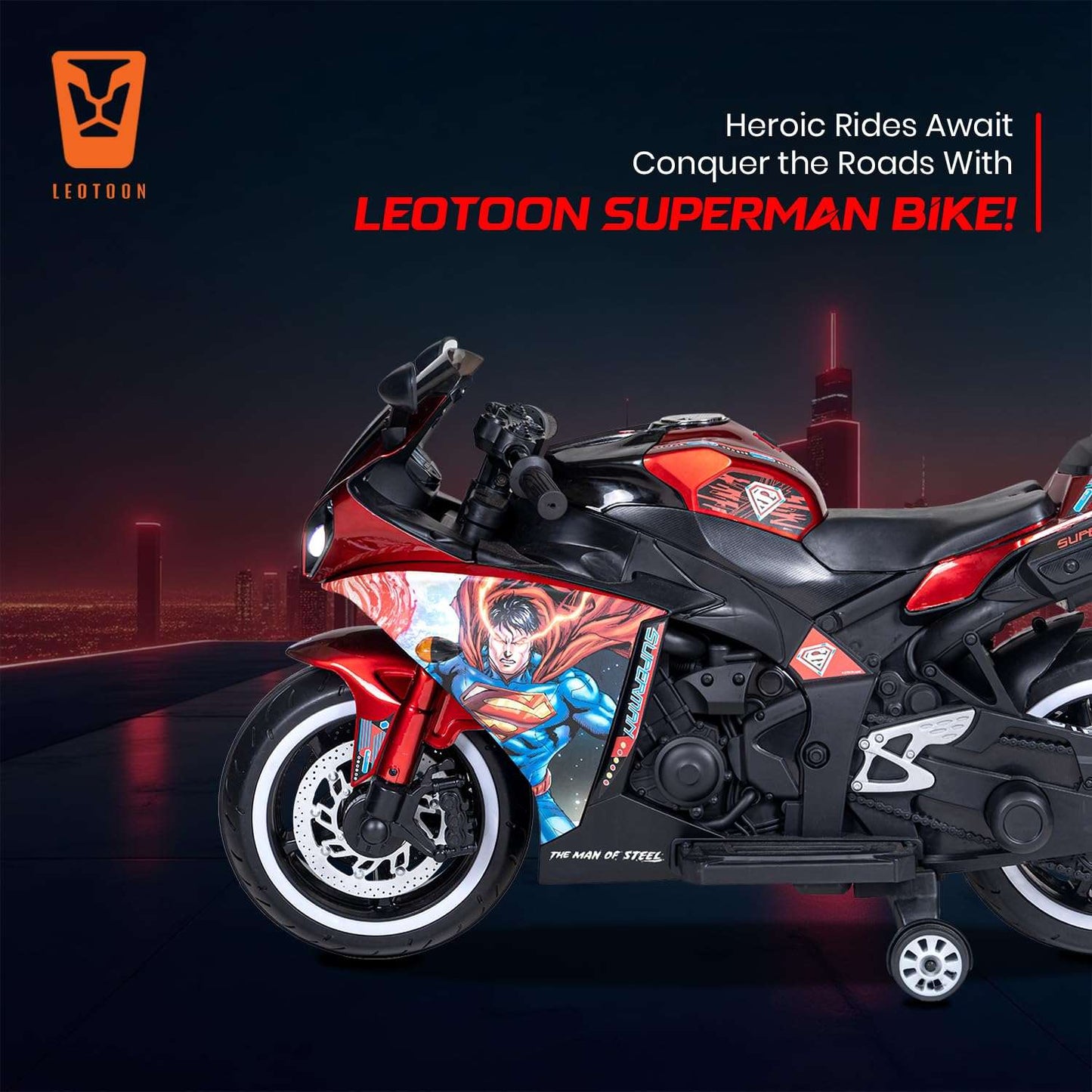 PATOYS | Licensed Superman Bike for Kids | 12V Battery | USB MP3 | Hand Accelerator | LED Lights | Metallic Red - PATOYS