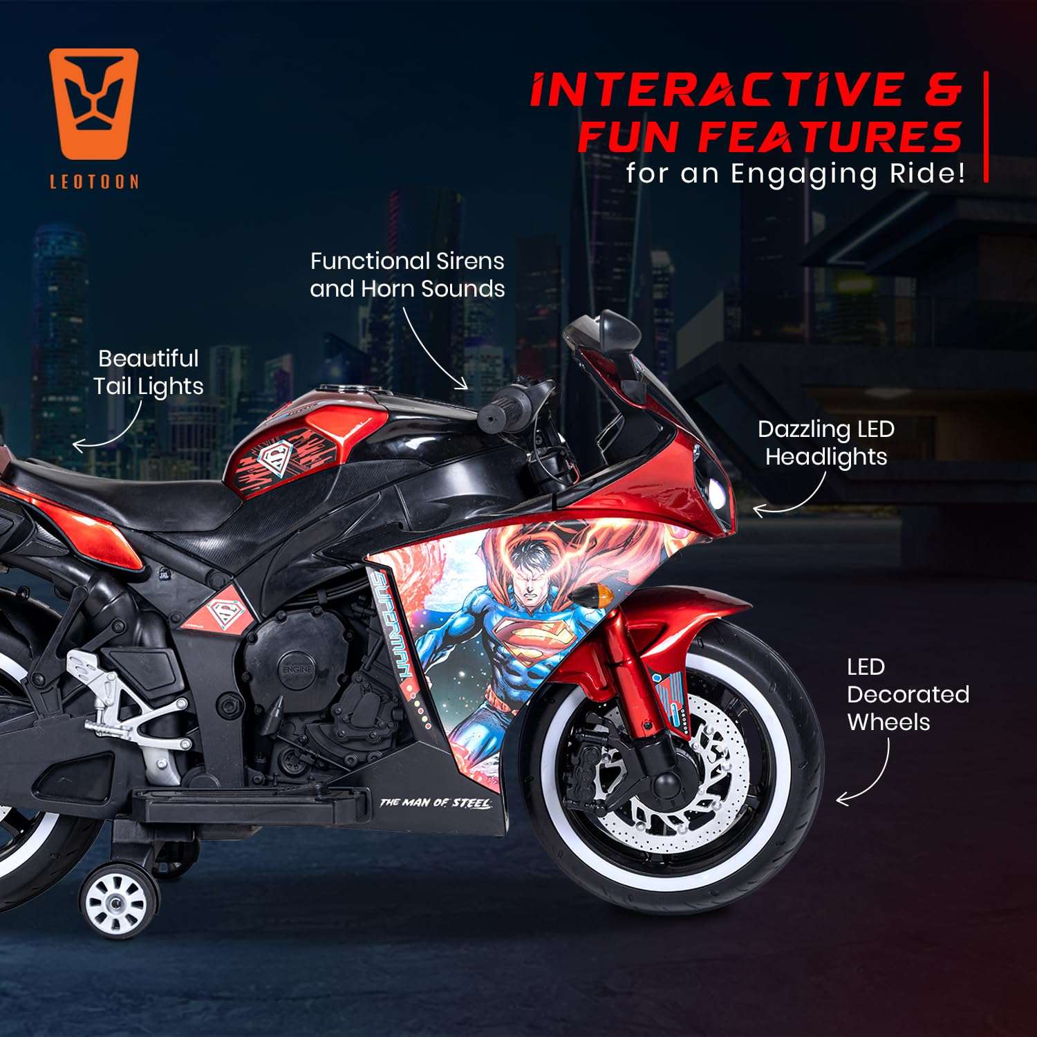 PATOYS | Licensed Superman Bike for Kids | 12V Battery | USB MP3 | Hand Accelerator | LED Lights | Metallic Red - PATOYS