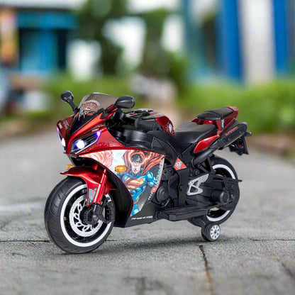 PATOYS | Licensed Superman Bike for Kids | 12V Battery | USB MP3 | Hand Accelerator | LED Lights | Metallic Red - PATOYS