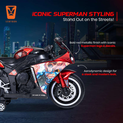 PATOYS | Licensed Superman Bike for Kids | 12V Battery | USB MP3 | Hand Accelerator | LED Lights | Metallic Red - PATOYS