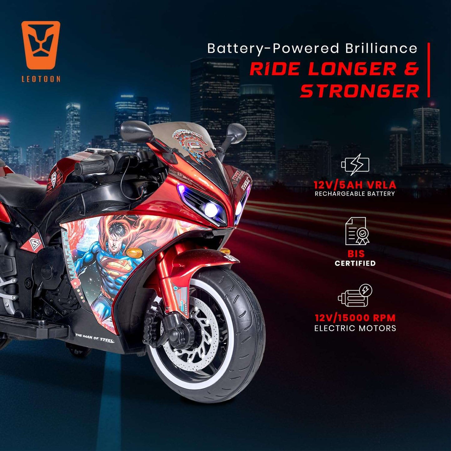 PATOYS | Licensed Superman Bike for Kids | 12V Battery | USB MP3 | Hand Accelerator | LED Lights | Metallic Red - PATOYS