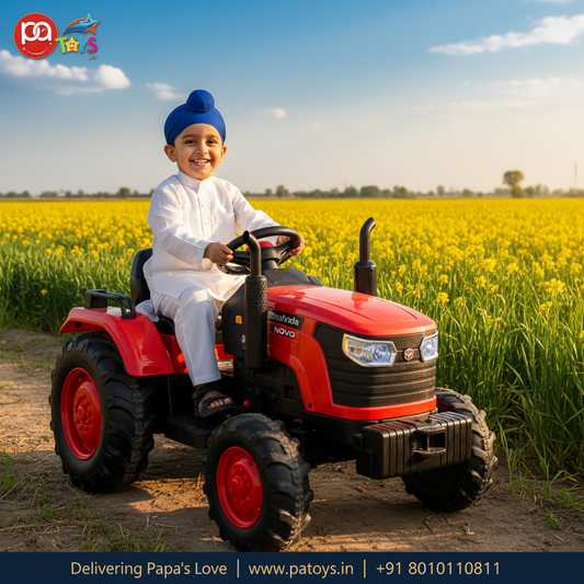 PATOYS | Officially Licensed Mahindra Tractor NOVO 12V Electric Ride-On Tractor for Kids | Big Wheeled Farm Tractor with Music, Horn & LED Lights | Ages 1–8 Years - PATOYS