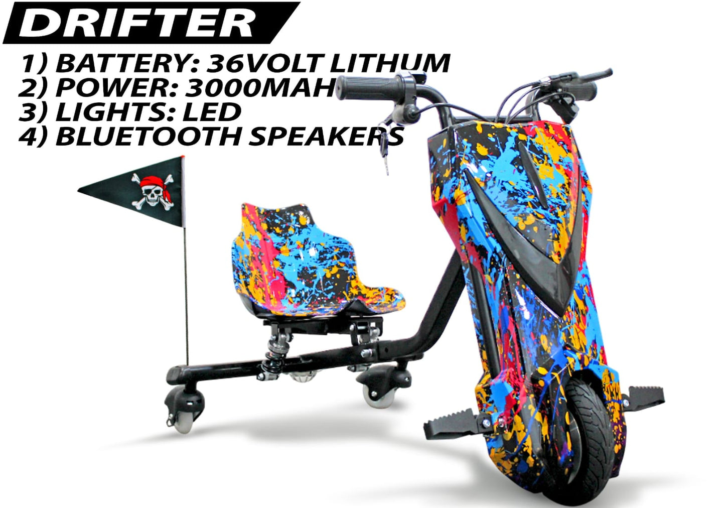 PATOYS | Drifter 8 Inch Electric Scooter 36V 4400mAh | LED Lights & Bluetooth | Kids 6+ Years