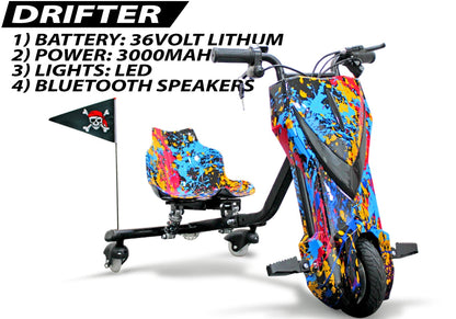 PATOYS | Drifter 8 Inch Electric Scooter 36V 4400mAh | LED Lights & Bluetooth | Kids 6+ Years