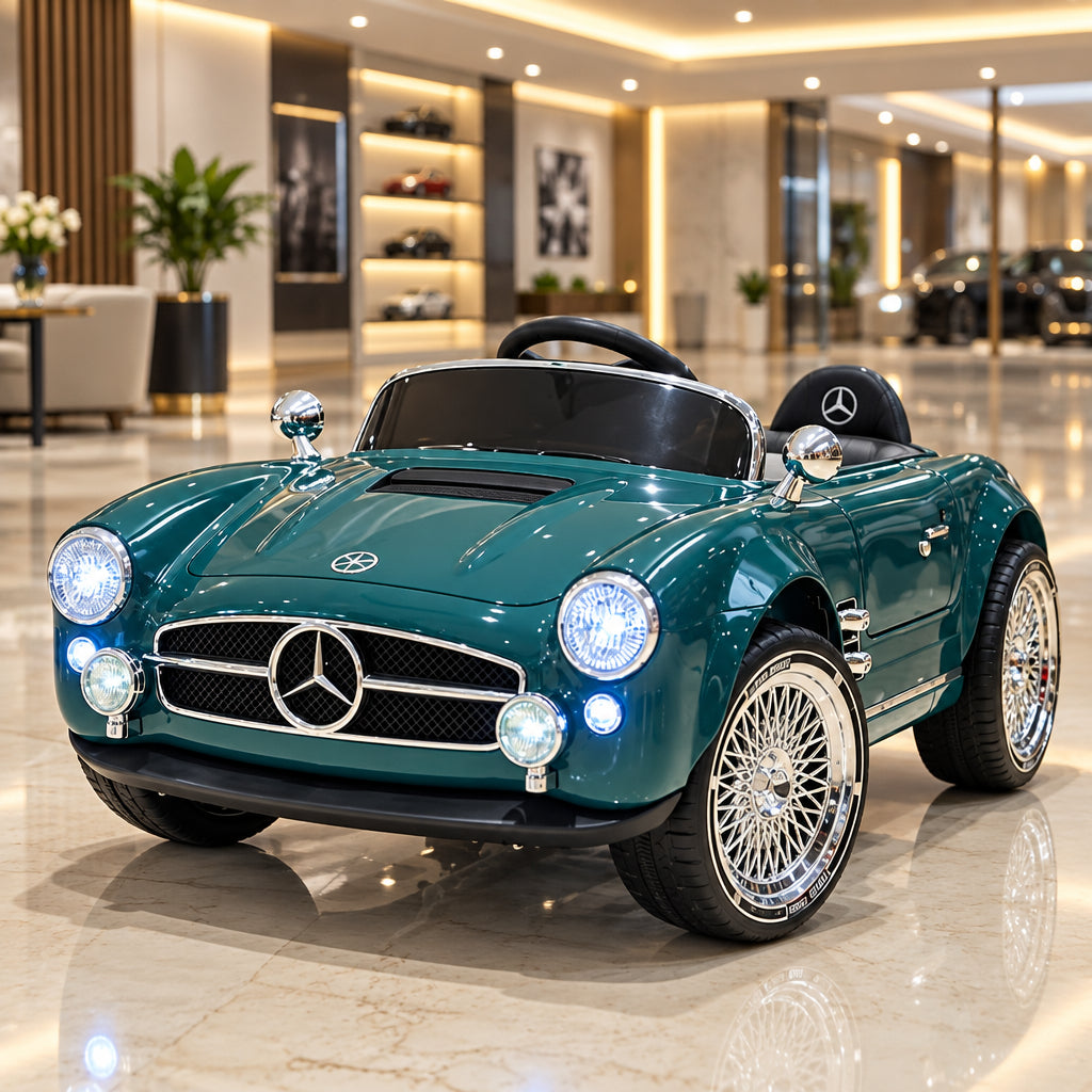PATOYS 12V Vintage Style Electric Ride-On Car for Kids - Teal Green Front View