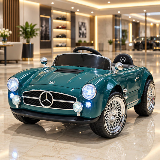 PATOYS 12V Vintage Style Electric Ride-On Car for Kids - Teal Green Front View