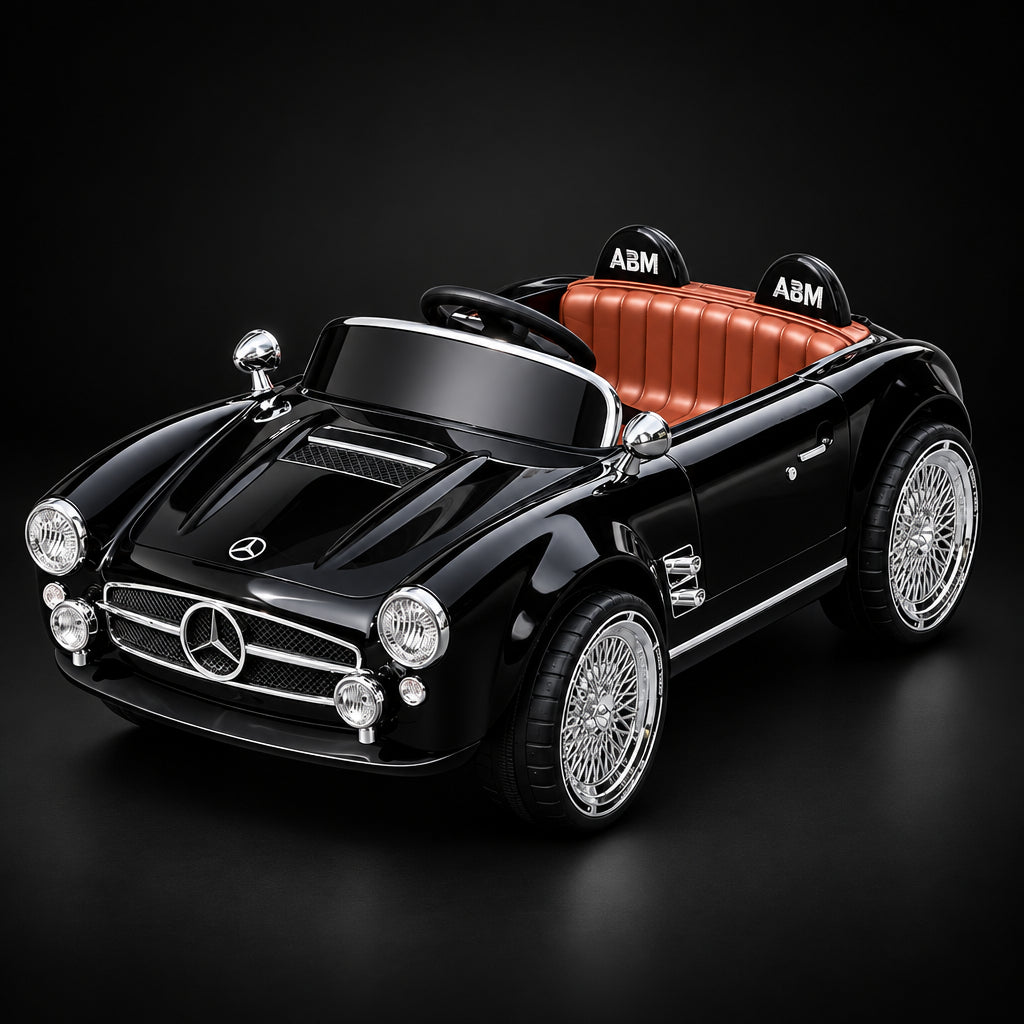 PATOYS 12V Vintage Style Electric Ride-On Car for Kids - Interior and Front View