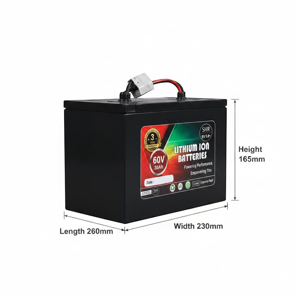 PATOYS 60V 30Ah lithium ion battery pack for electric vehicles with integrated BMS and dimensions labeled