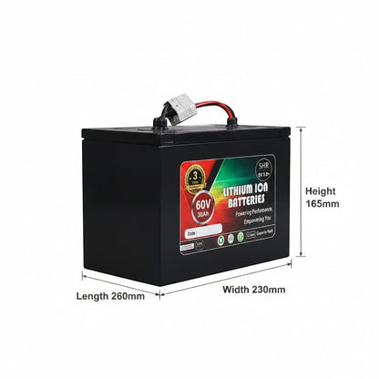 PATOYS 60V 30Ah lithium ion battery pack for electric vehicles with integrated BMS and dimensions labeled