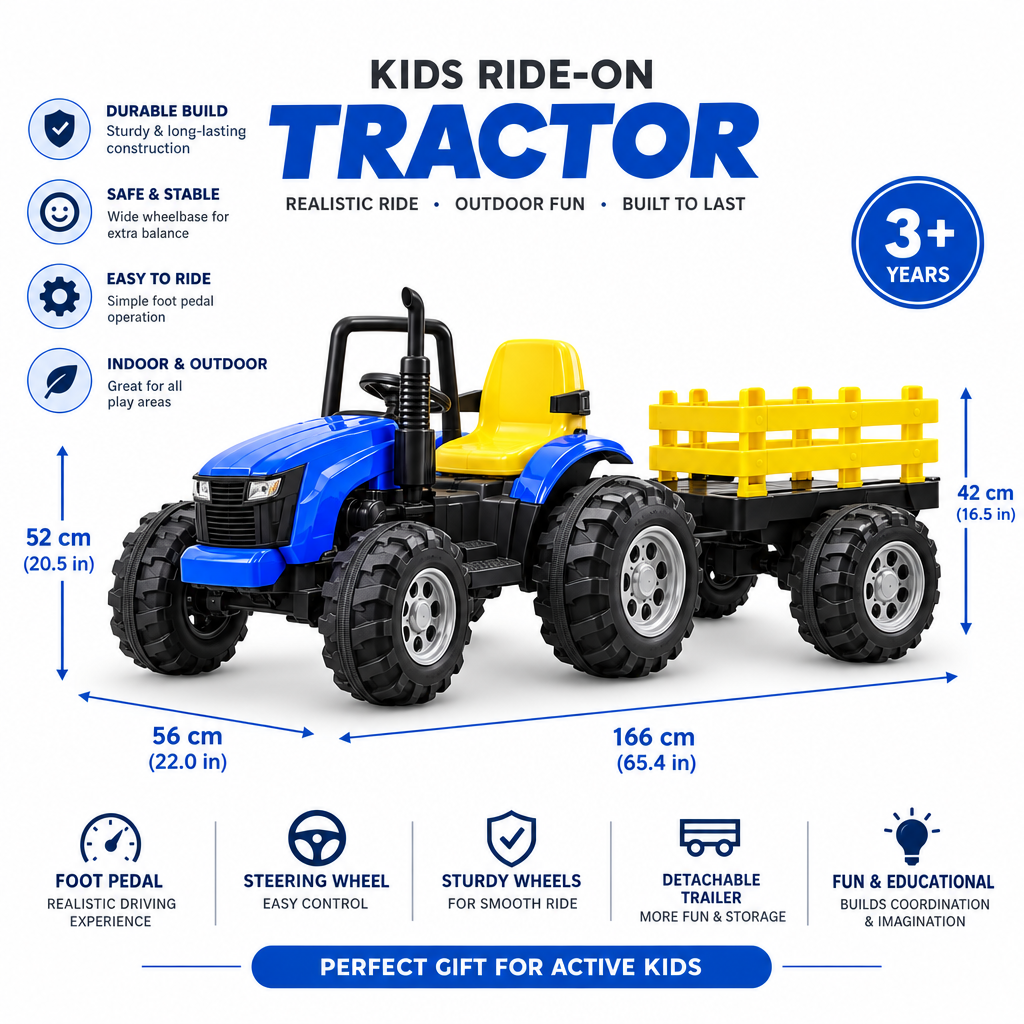 PATOYS 6688 Bahubali kids ride-on tractor with trolley, product feature infographic