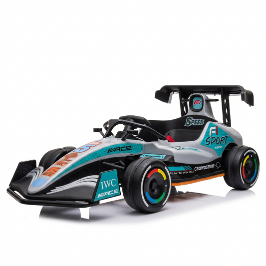 PATOYS Mini Go-Kart Pro for Kids 12V 90W Electric Racing Kart - Silver and Turquoise